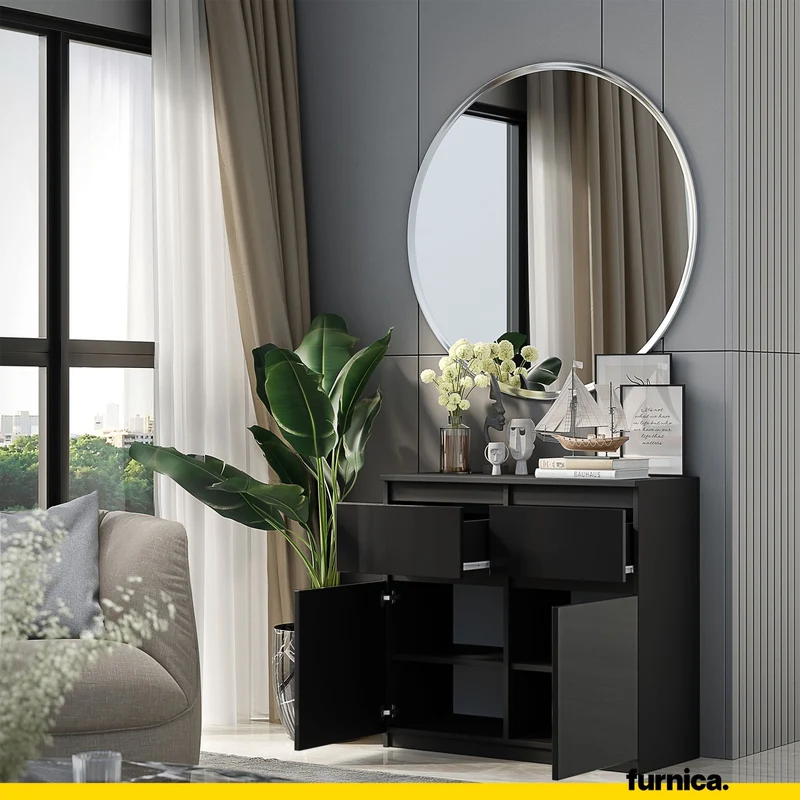NOAH - Commode 2 Tiroirs et 2 Portes - Meuble de Rangement pour Couloir / Chambre - Buffet - H75cm L80cm P35cm (Anthracite / Noir Brillant)