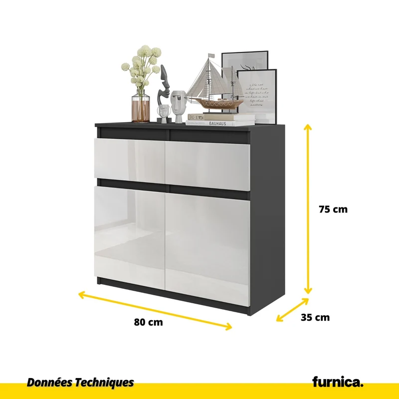 NOAH - Commode 2 Tiroirs et 2 Portes - Meuble de Rangement pour Couloir / Chambre - Buffet - H75cm L80cm P35cm (Anthracite / Blanc Brillant)
