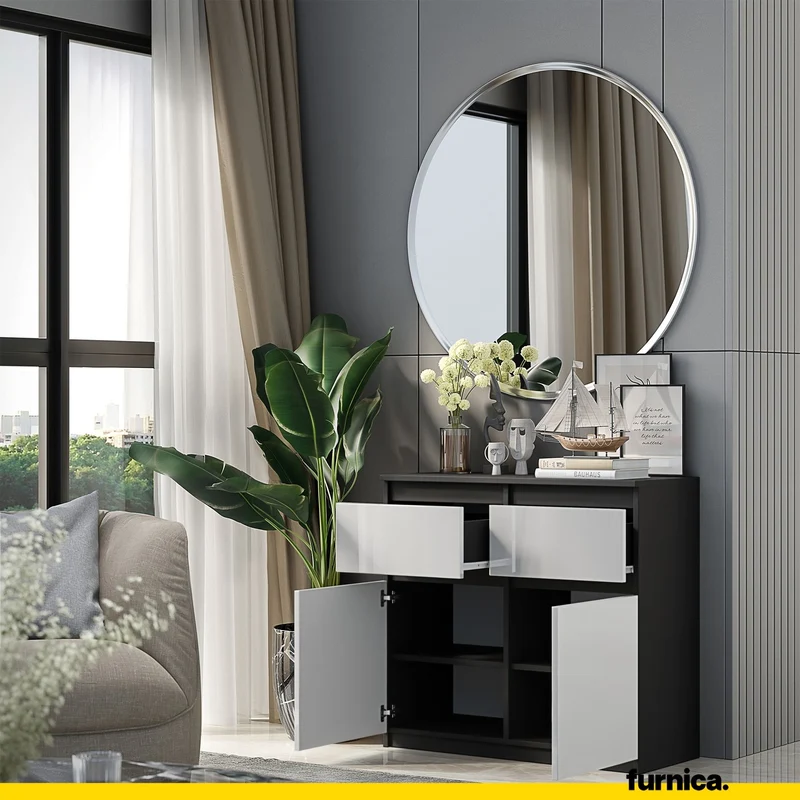 NOAH - Commode 2 Tiroirs et 2 Portes - Meuble de Rangement pour Couloir / Chambre - Buffet - H75cm L80cm P35cm (Anthracite / Blanc Brillant)