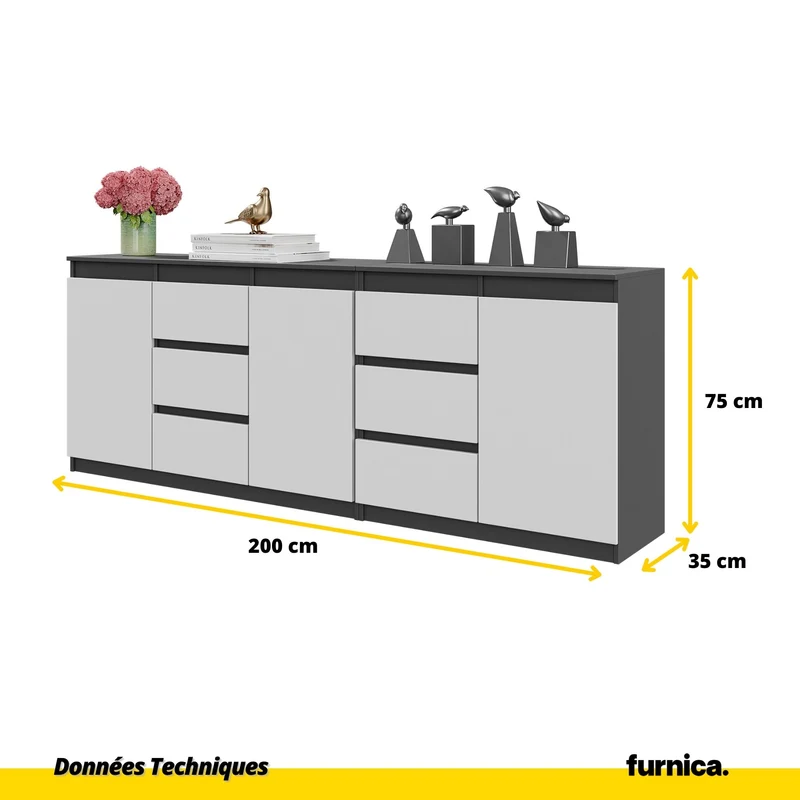 MIKEL - Commode 6 Tiroirs et 3 Portes - Armoire de Rangement pour Couloir / Chambre à Coucher - Buffet - Anthracite / Blanc Mat H75cm L200cm P35cm