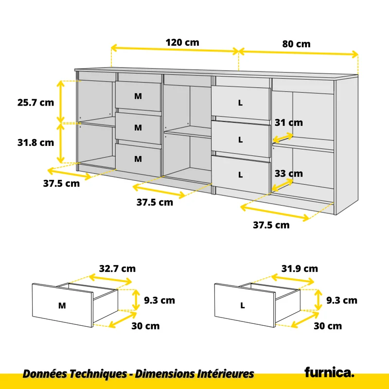 MIKEL - Commode 6 Tiroirs et 3 Portes - Armoire de Rangement pour Couloir / Chambre à Coucher - Buffet - Chêne Wotan / Blanc Mat H75cm L200cm P35cm