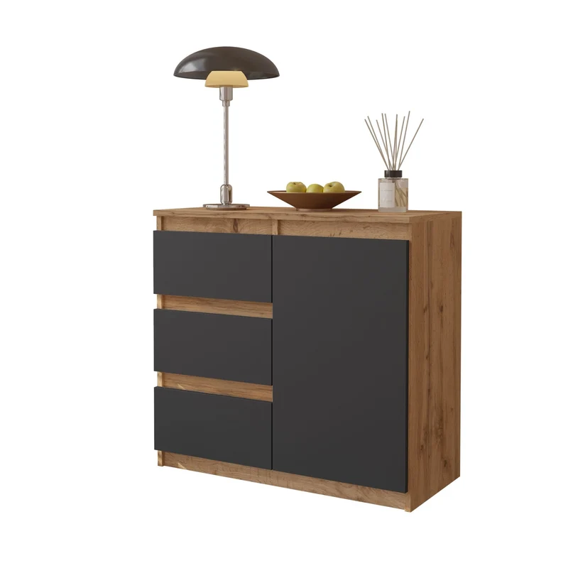 MIKEL - Commode 3 Tiroirs et 1 Porte - Armoire de Rangement pour Couloir / Chambre à Coucher - Buffet - H75cm L80cm P35cm (Chêne Wotan / Anthracite)