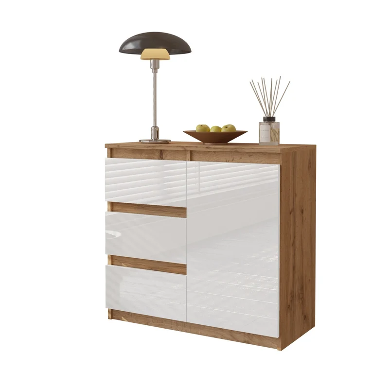 MIKEL - Commode 3 Tiroirs et 1 Porte - Armoire de Rangement pour Couloir / Chambre à Coucher - Buffet - H75cm L80cm P35cm (Chêne Wotan / Blanc Brillant)