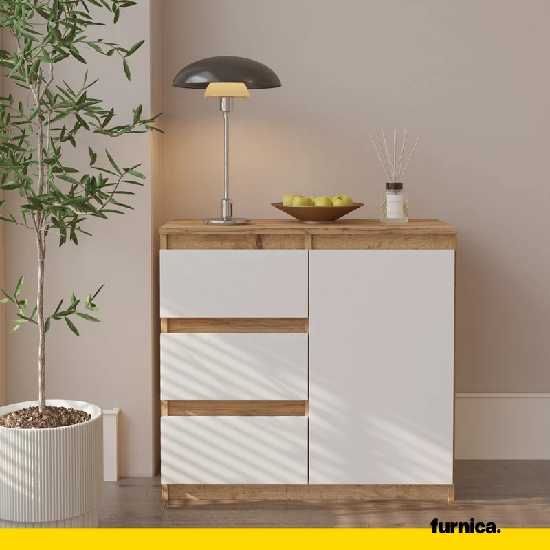 MIKEL - Commode 3 Tiroirs et 1 Porte - Armoire de Rangement pour Couloir / Chambre à Coucher - Buffet - H75cm L80cm P35cm (Chêne Wotan / Blanc)