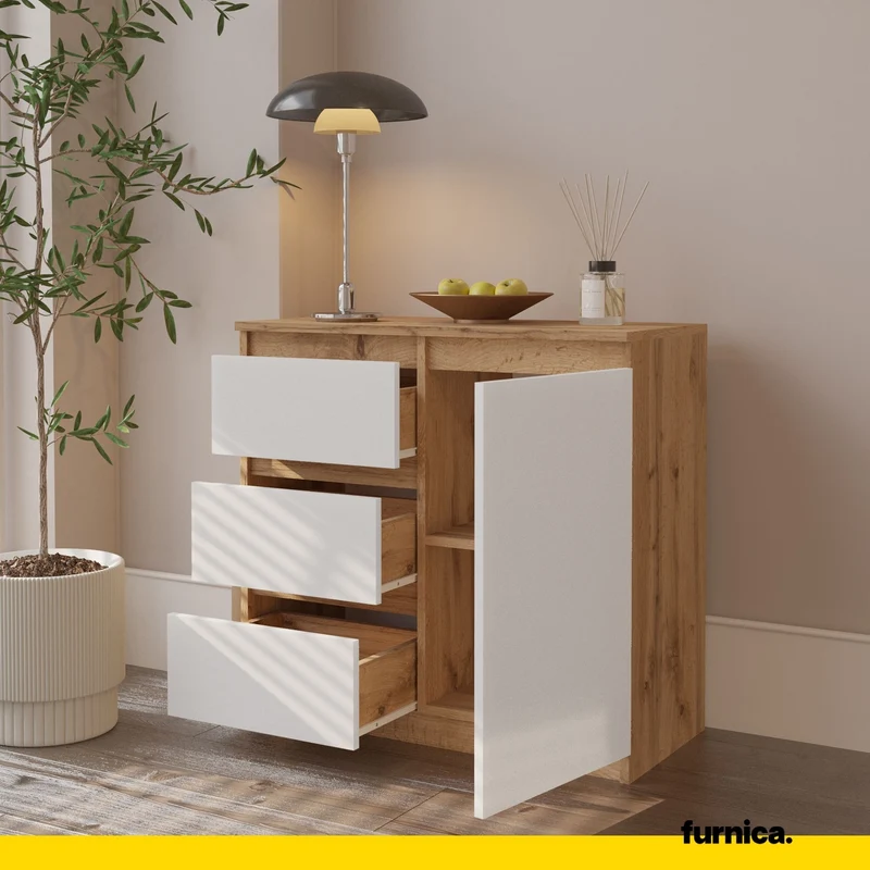 MIKEL - Commode 3 Tiroirs et 1 Porte - Armoire de Rangement pour Couloir / Chambre à Coucher - Buffet - H75cm L80cm P35cm (Chêne Wotan / Blanc)