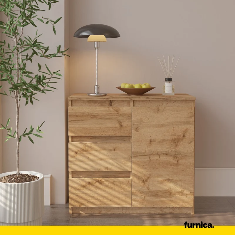 MIKEL - Commode 3 Tiroirs et 1 Porte - Armoire de Rangement pour Couloir / Chambre à Coucher - Buffet - H75cm L80cm P35cm (Chêne Wotan)