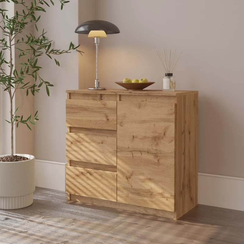 MIKEL - Commode 3 Tiroirs et 1 Porte - Armoire de Rangement pour Couloir / Chambre à Coucher - Buffet - H75cm L80cm P35cm (Chêne Wotan)