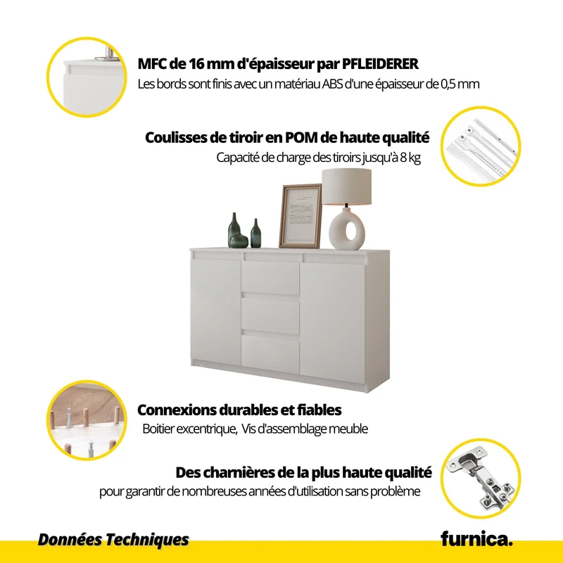 MIKEL - Commode 3 Tiroirs et 2 Portes - Armoire de Rangement pour Couloir / Chambre à Coucher - Buffet - H75cm L120cm P35cm (Chêne Wotan / Blanc Brillant)