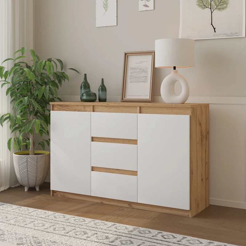 MIKEL - Commode 3 Tiroirs et 2 Portes - Armoire de Rangement pour Couloir / Chambre à Coucher - Buffet - H75cm L120cm P35cm (Chêne Wotan / Blanc)