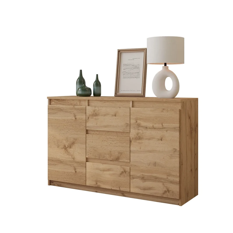 MIKEL - Commode 3 Tiroirs et 2 Portes - Armoire de Rangement pour Couloir / Chambre à Coucher - Buffet - H75cm L120cm P35cm (Chêne Wotan)