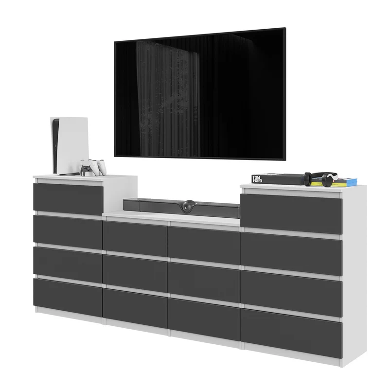 GABRIEL - Commode 14 Tiroirs (4+6+4) - H92cm L220cm P33cm (Blanc Mat / Anthracite)