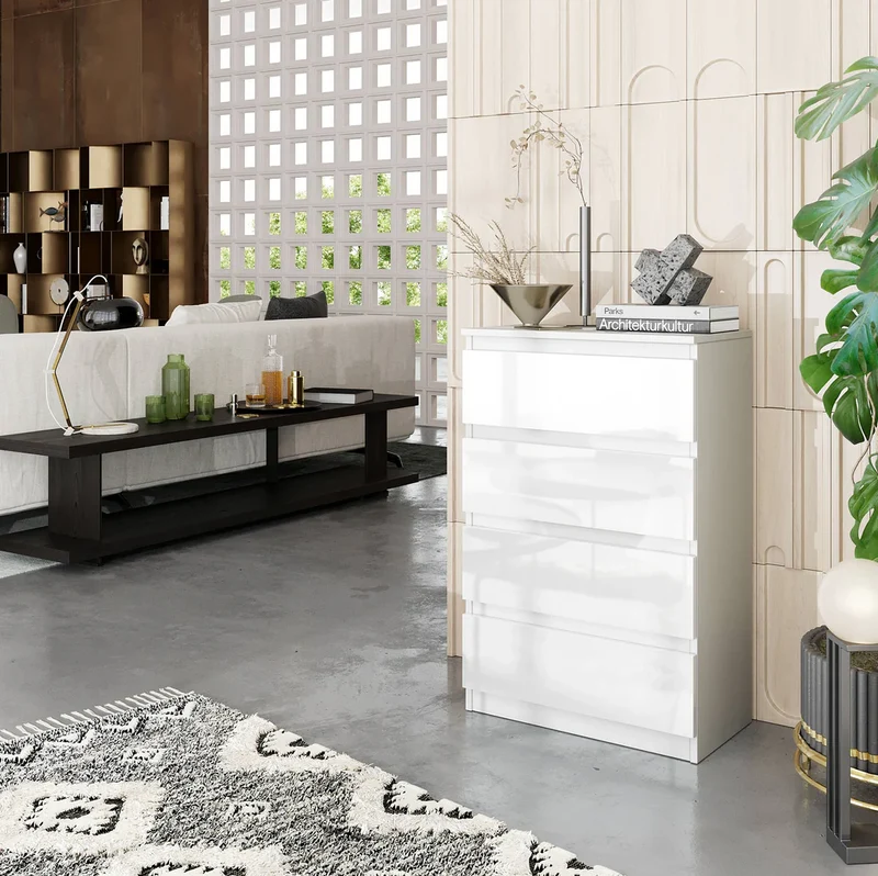 GABRIEL - Commode 4 Tiroirs - Table de Chevet Buffet - H92cm L60cm P33cm (Blanc Mat / Blanc Brillant)