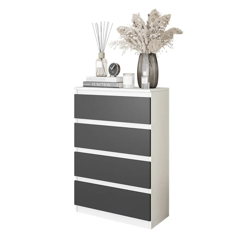GABRIEL - Commode 4 Tiroirs - Table de Chevet Buffet - H92cm L60cm P33cm (Blanc Mat / Anthracite)