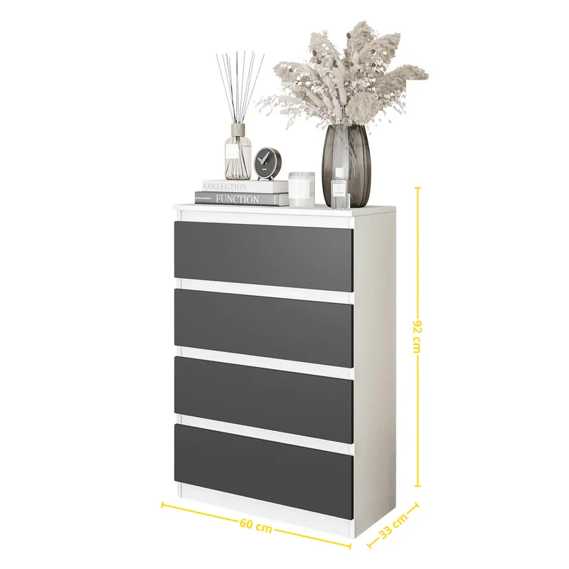 GABRIEL - Commode 4 Tiroirs - Table de Chevet Buffet - H92cm L60cm P33cm (Blanc Mat / Anthracite)