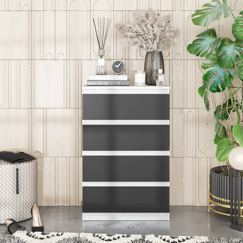 GABRIEL - Commode 4 Tiroirs - Table de Chevet Buffet - H92cm L60cm P33cm (Blanc Mat / Anthracite)