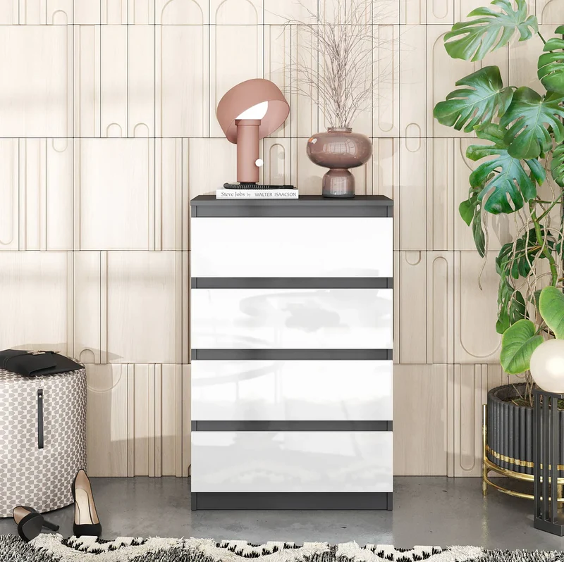 GABRIEL - Commode 4 Tiroirs - Table de Chevet Buffet - H92cm L60cm P33cm (Anthracite / Blanc Brillant)
