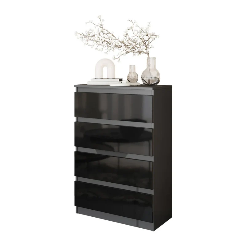 GABRIEL - Commode 4 Tiroirs - Table de Chevet Buffet - H92cm L60cm P33cm (Anthracite / Noir Brillant)