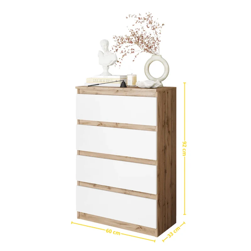 GABRIEL - Commode 4 Tiroirs - Table de Chevet Buffet - H92cm L60cm P33cm (Chêne Wotan / Blanc Mat)