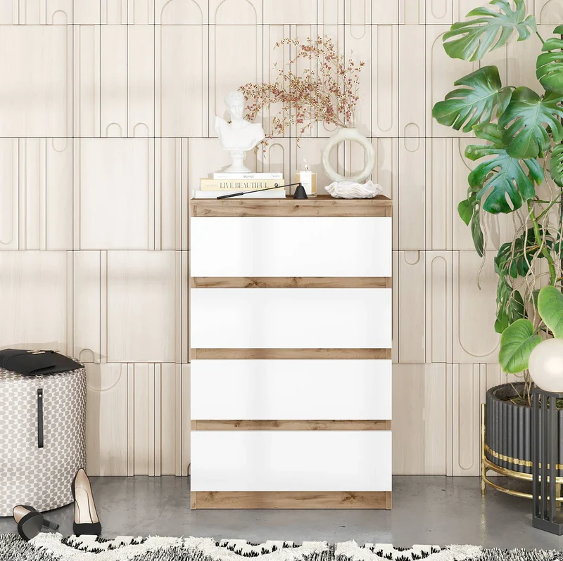 GABRIEL - Commode 4 Tiroirs - Table de Chevet Buffet - H92cm L60cm P33cm (Chêne Wotan / Blanc Mat)