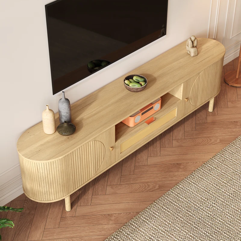 Meuble TV effet bois claire ovale tiroir en rotin 2 portes coulissantes 175x36x51cm ALIGNENO