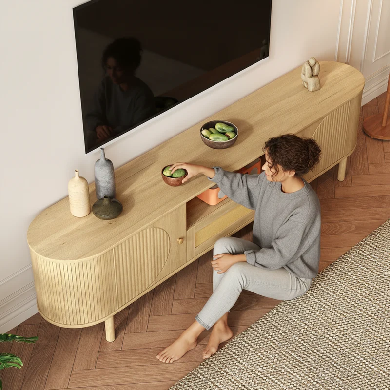 Meuble TV effet bois claire ovale tiroir en rotin 2 portes coulissantes 175x36x51cm ALIGNENO