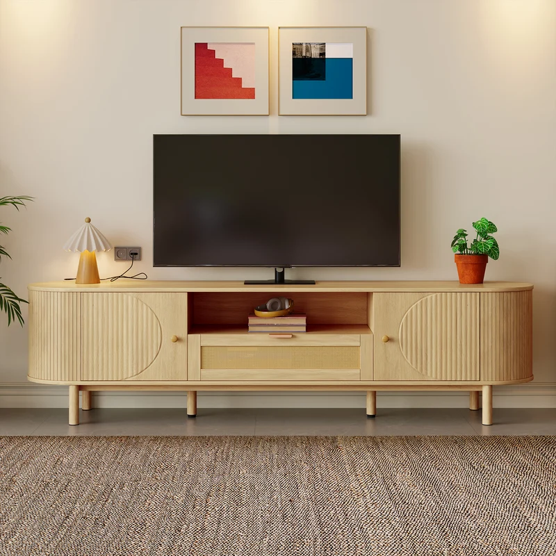 Meuble TV effet bois claire ovale tiroir en rotin 2 portes coulissantes 175x36x51cm ALIGNENO