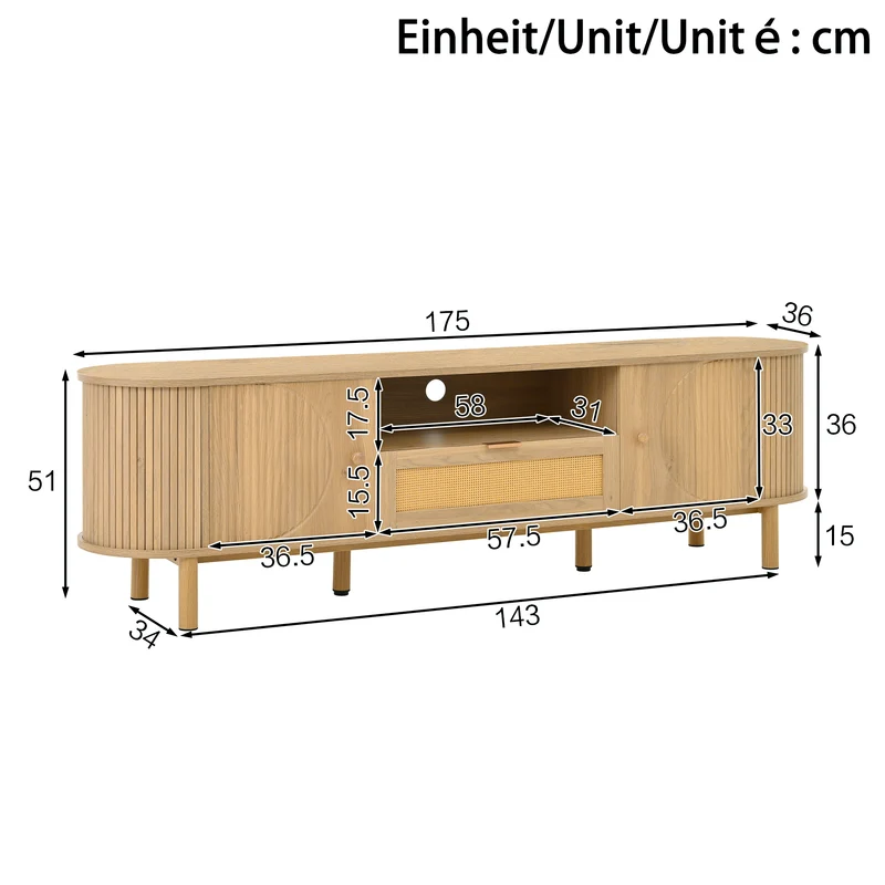 Meuble TV effet bois claire ovale tiroir en rotin 2 portes coulissantes 175x36x51cm ALIGNENO