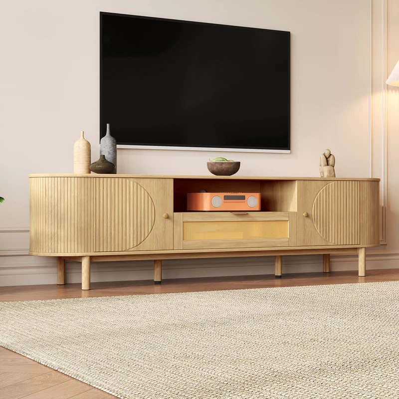 Meuble TV effet bois claire ovale tiroir en rotin 2 portes coulissantes 175x36x51cm ALIGNENO