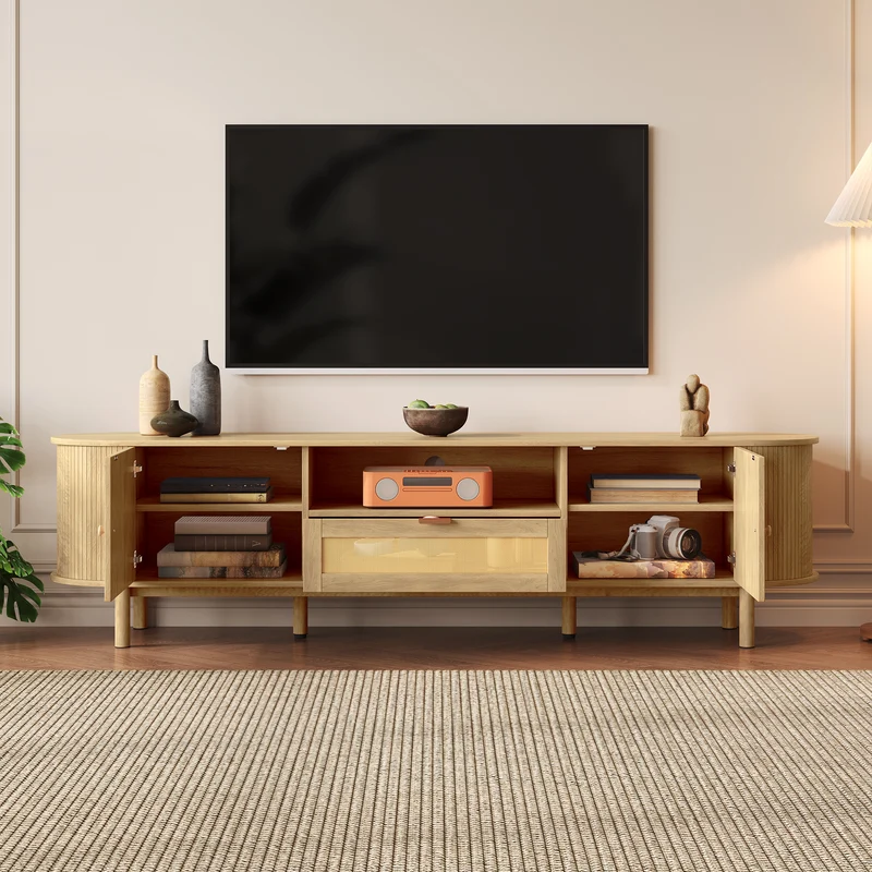 Meuble TV effet bois claire ovale tiroir en rotin 2 portes coulissantes 175x36x51cm ALIGNENO