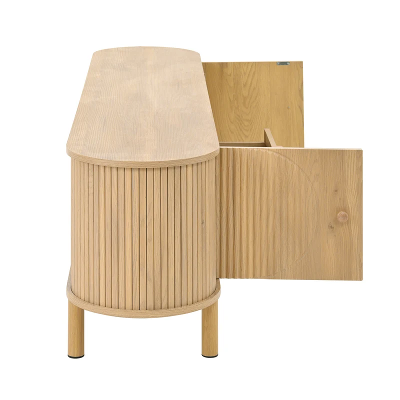 Meuble TV effet bois claire ovale tiroir en rotin 2 portes coulissantes 175x36x51cm ALIGNENO