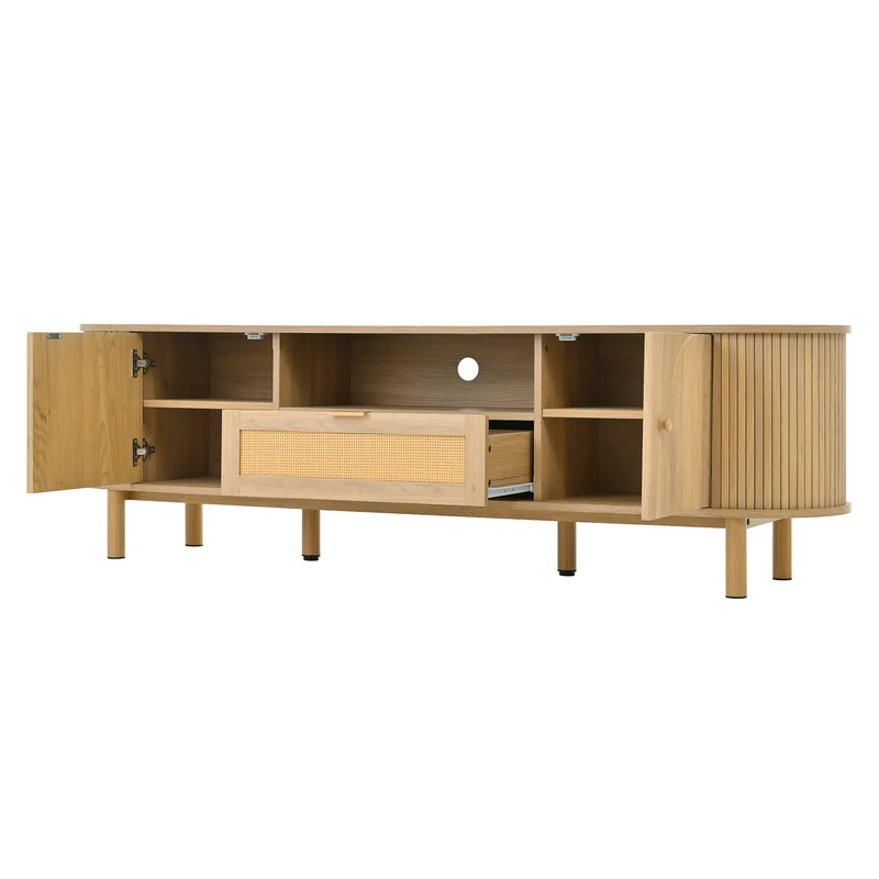 Meuble TV effet bois claire ovale tiroir en rotin 2 portes coulissantes 175x36x51cm ALIGNENO