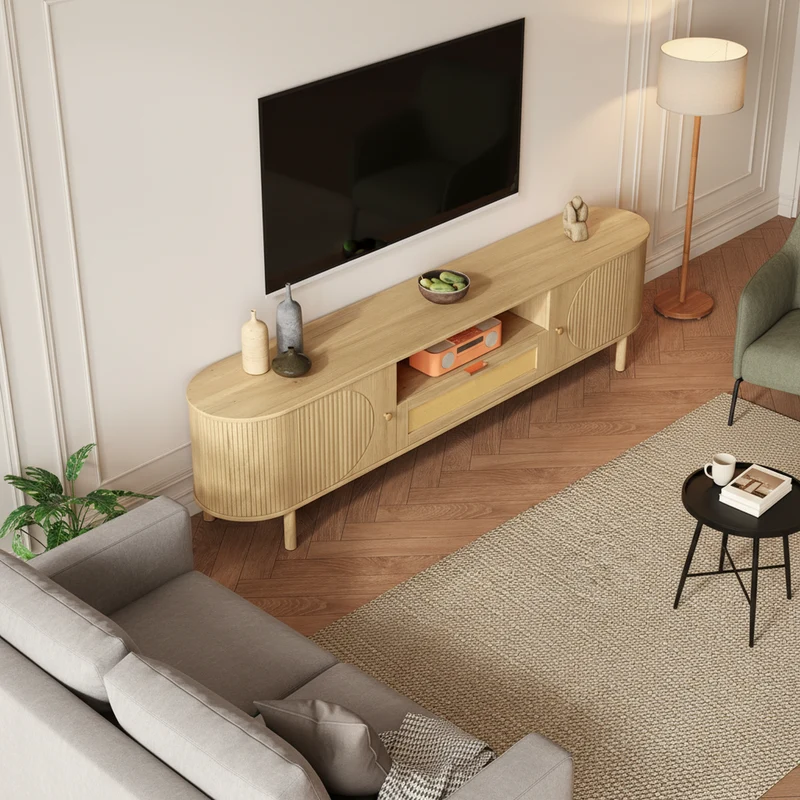 Meuble TV effet bois claire ovale tiroir en rotin 2 portes coulissantes 175x36x51cm ALIGNENO