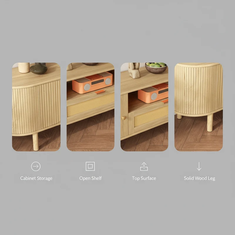 Meuble TV effet bois claire ovale tiroir en rotin 2 portes coulissantes 175x36x51cm ALIGNENO