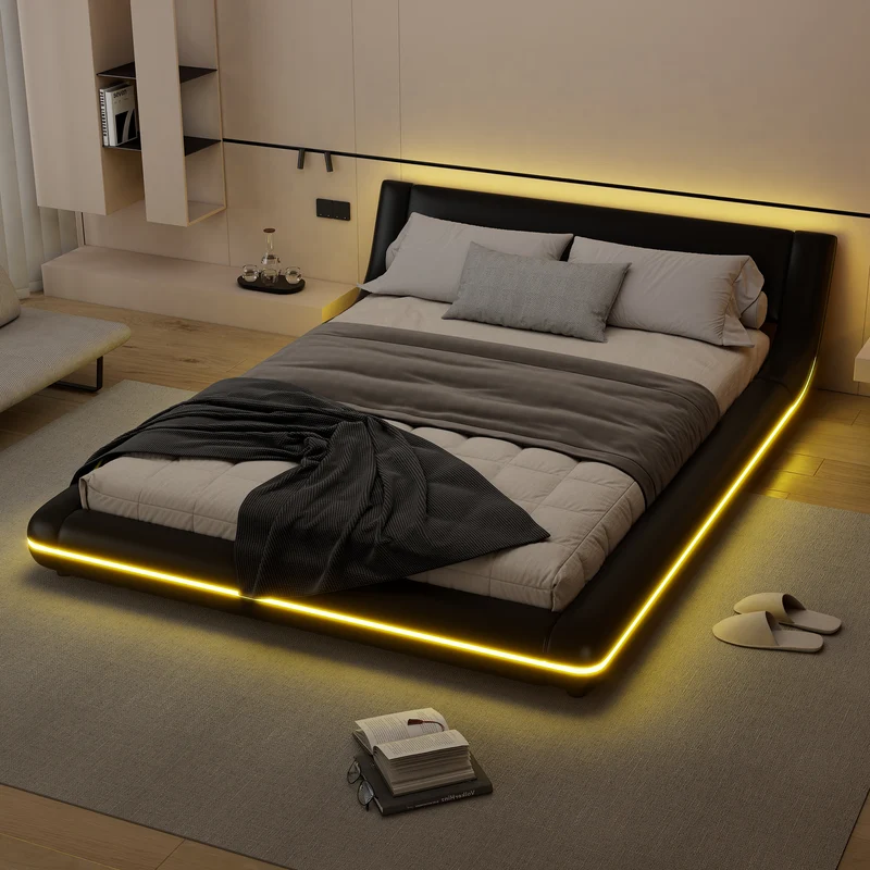Lit double plateforme PU noir avec éclairage LED 140x200 cm LUNALA