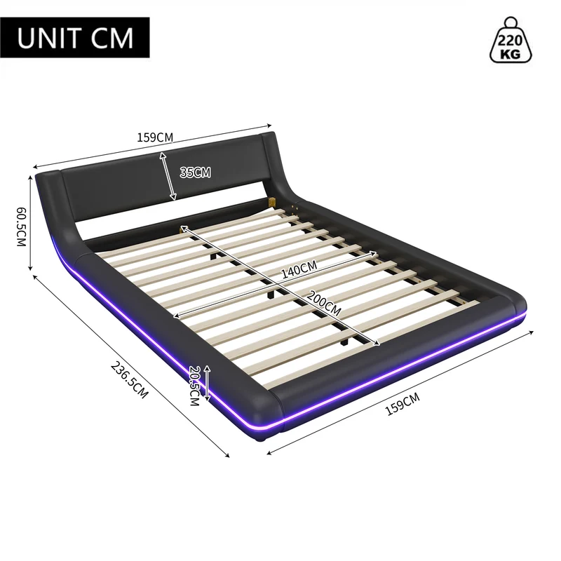 Lit double plateforme PU noir avec éclairage LED 140x200 cm LUNALA