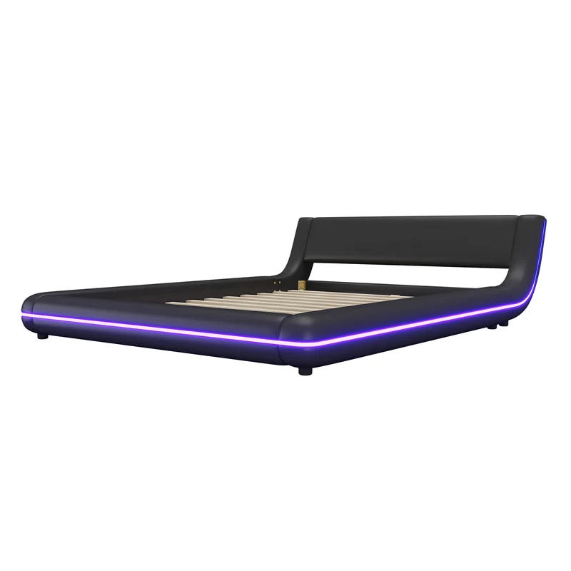Lit double plateforme PU noir avec éclairage LED 140x200 cm LUNALA