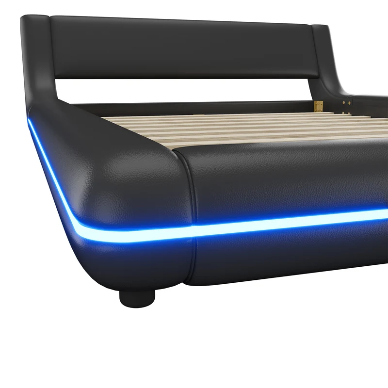 Lit double plateforme PU noir avec éclairage LED 140x200 cm LUNALA