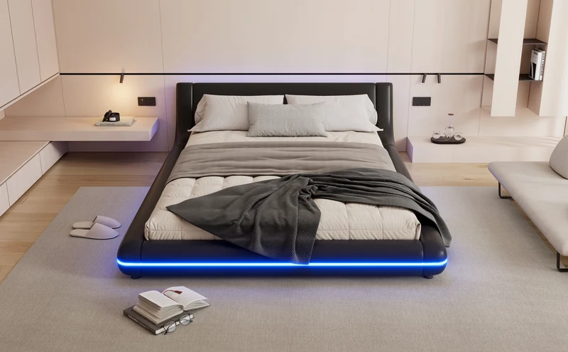Lit double plateforme PU noir avec éclairage LED 140x200 cm LUNALA