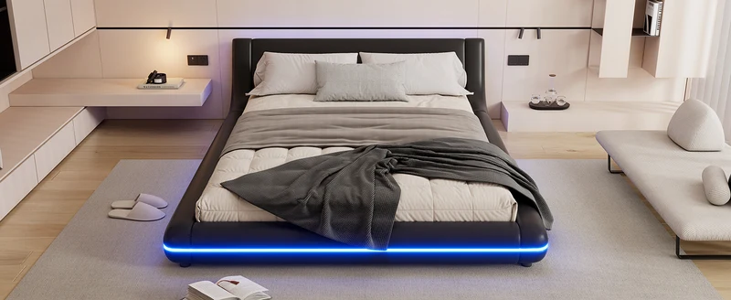 Lit double plateforme PU noir avec éclairage LED 140x200 cm LUNALA