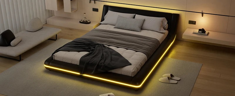 Lit double plateforme PU noir avec éclairage LED 140x200 cm LUNALA