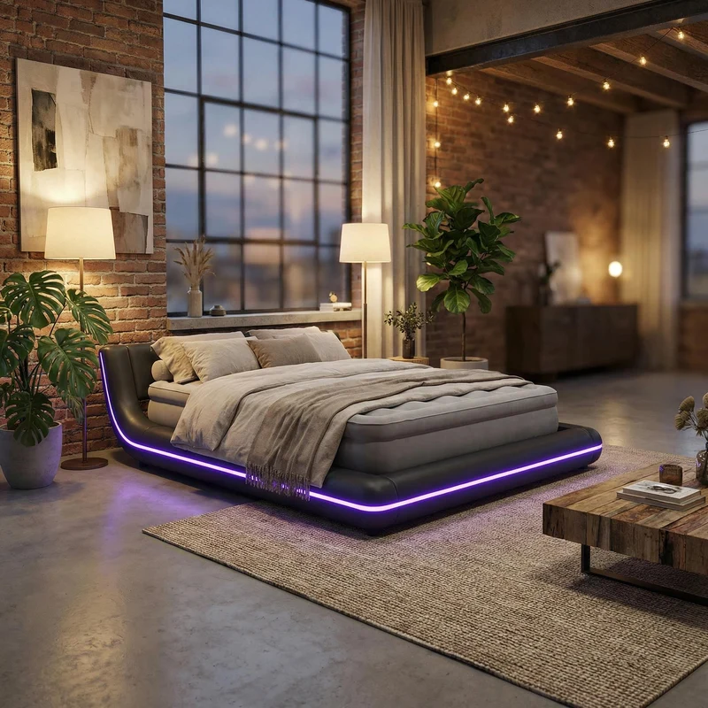 Lit double plateforme PU noir avec éclairage LED 140x200 cm LUNALA
