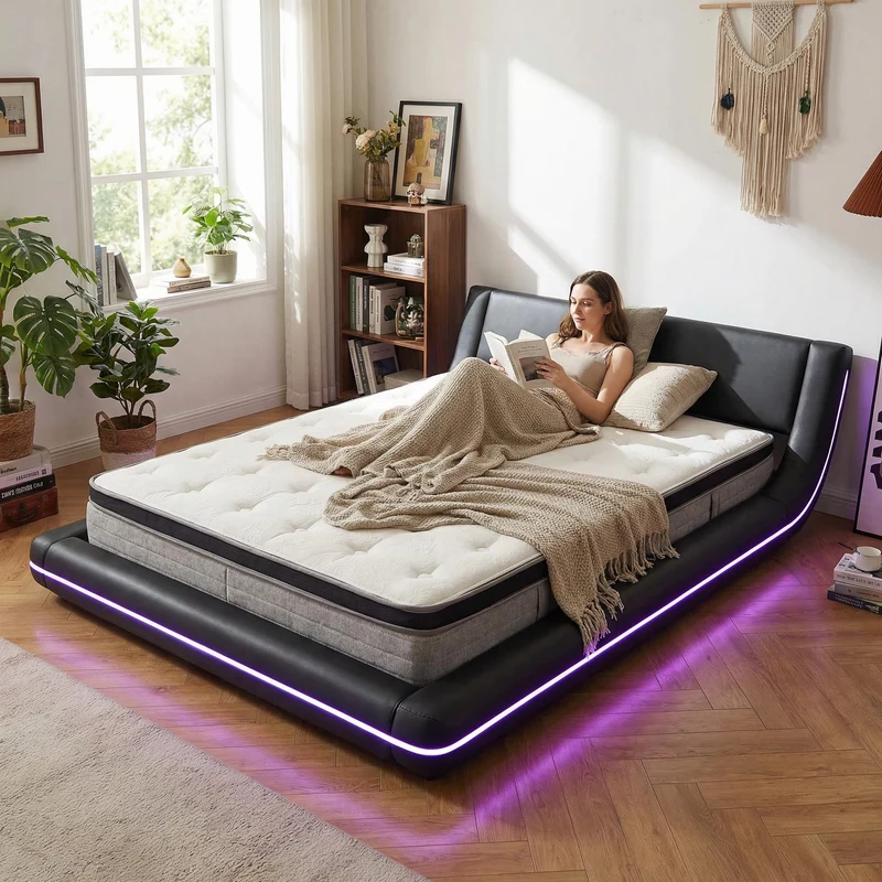Lit double plateforme PU noir avec éclairage LED 140x200 cm LUNALA