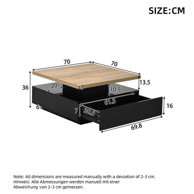 Table basse carrée effet bois et noir pivotante 360° 2 niveaux, design moderne 70x70cm AFTERFEATHER