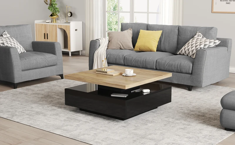 Table basse carrée effet bois et noir pivotante 360° 2 niveaux, design moderne 70x70cm AFTERFEATHER