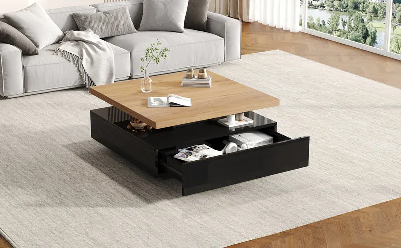 Table basse carrée effet bois et noir pivotante 360° 2 niveaux, design moderne 70x70cm AFTERFEATHER