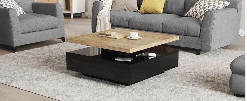 Table basse carrée effet bois et noir pivotante 360° 2 niveaux, design moderne 70x70cm AFTERFEATHER