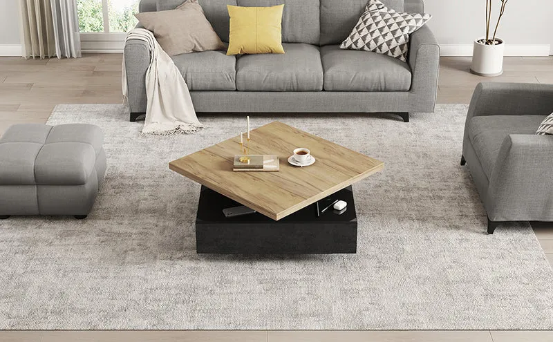 Table basse carrée effet bois et noir pivotante 360° 2 niveaux, design moderne 70x70cm AFTERFEATHER
