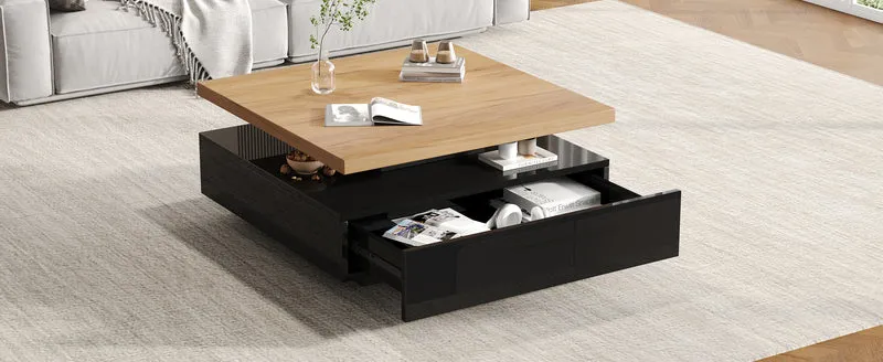 Table basse carrée effet bois et noir pivotante 360° 2 niveaux, design moderne 70x70cm AFTERFEATHER