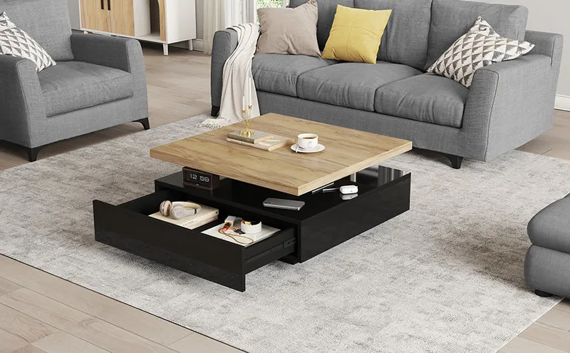 Table basse carrée effet bois et noir pivotante 360° 2 niveaux, design moderne 70x70cm AFTERFEATHER