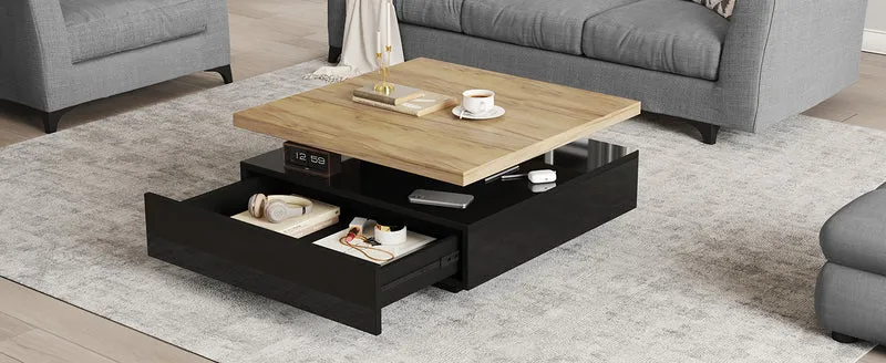 Table basse carrée effet bois et noir pivotante 360° 2 niveaux, design moderne 70x70cm AFTERFEATHER